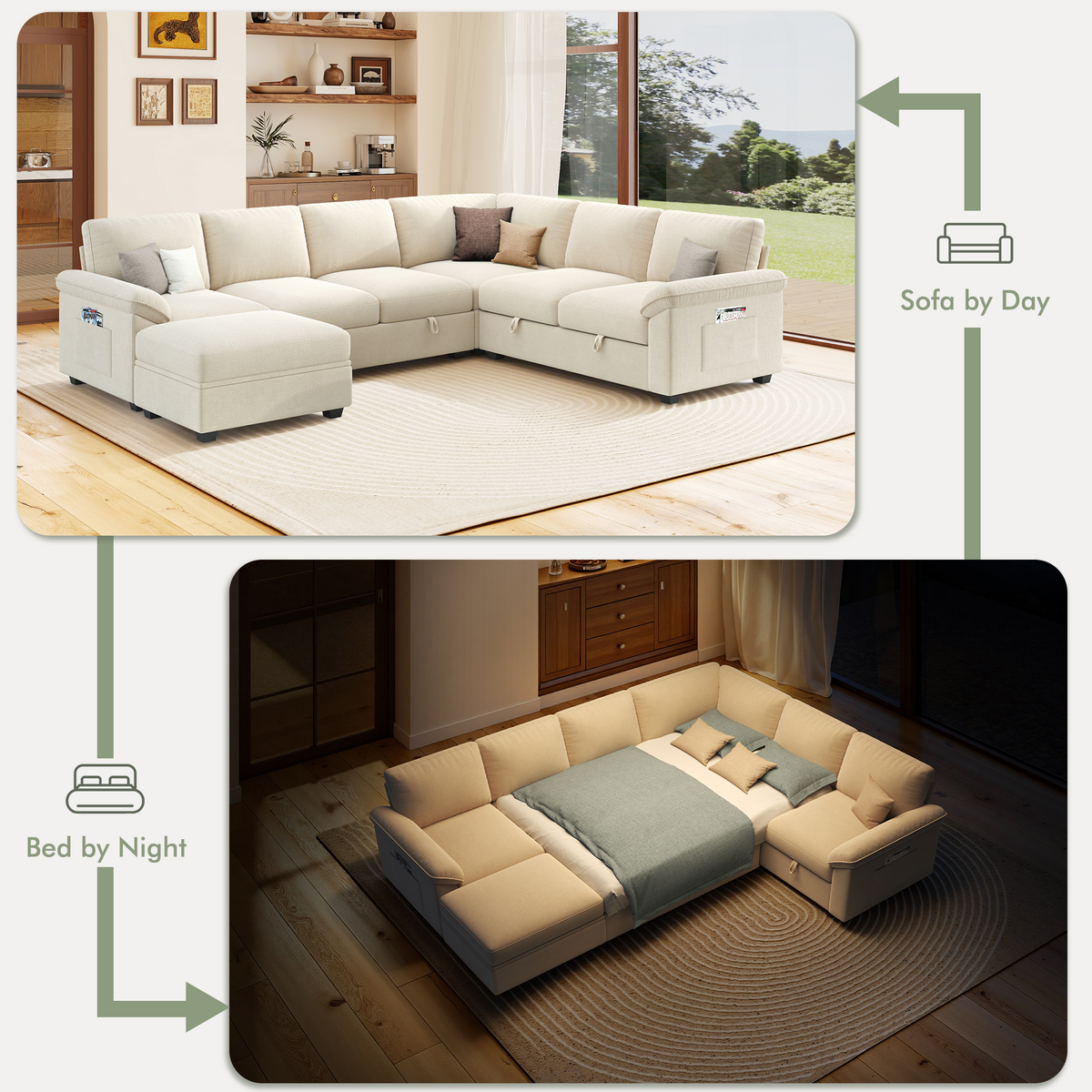 Sleeper Sectional Sofa with Pull Out Bed & Storage-105" | 7-Seater-Beige