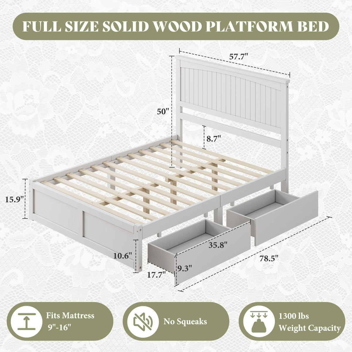 Solid Wood Platform Bed Frame-Full-Coastal White