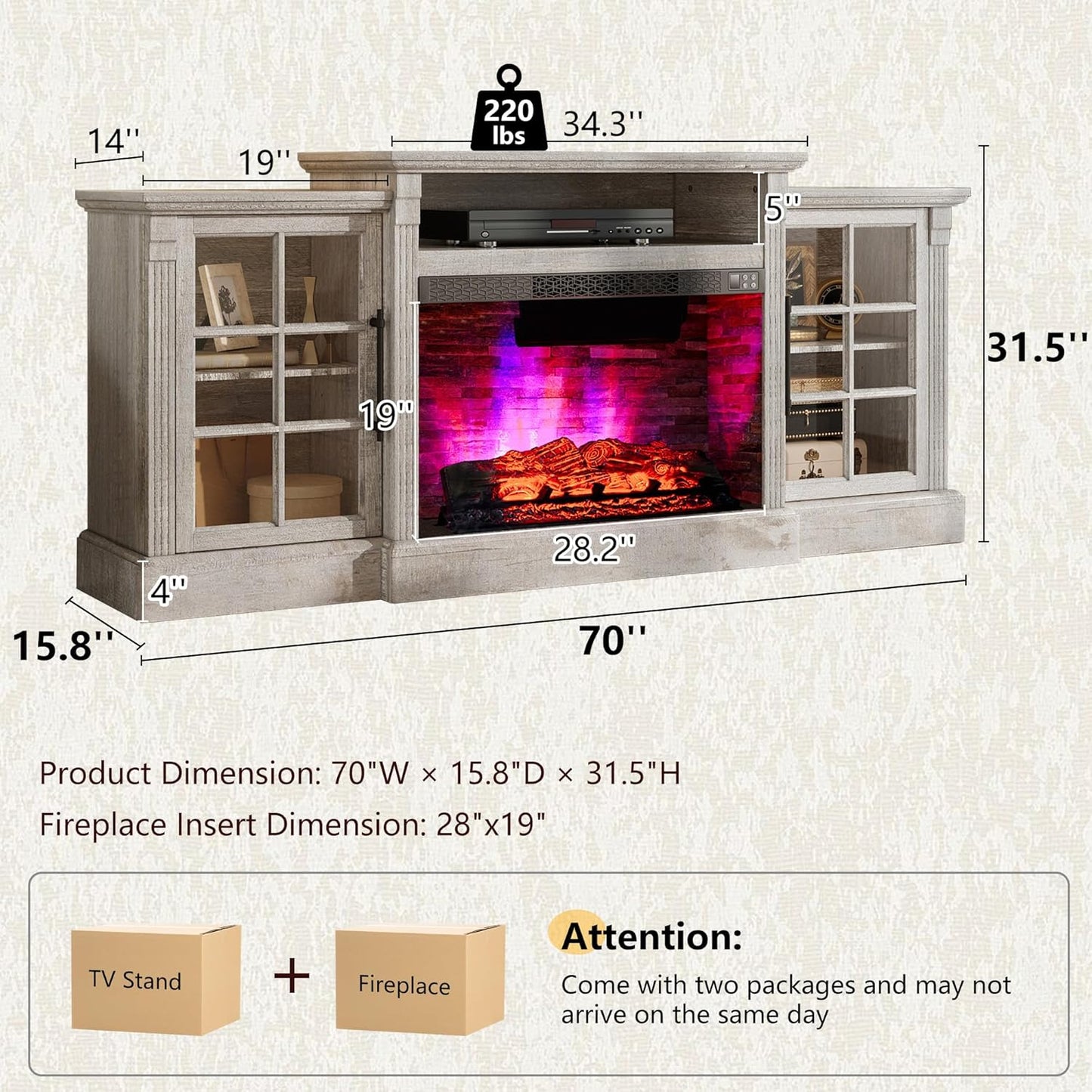 Everwood 70" Fireplace TV Stand Amerlife Rustic Grey