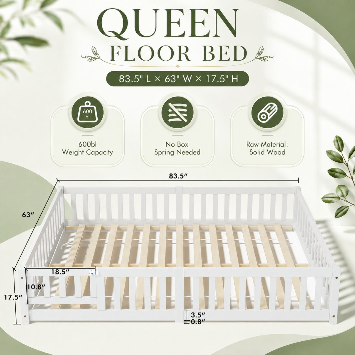 Solid Wood Kids Floor Bed with Safety Rails