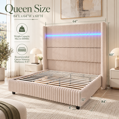 Warren Upholstered Bed Frame with LED Lights-Queen-Beige