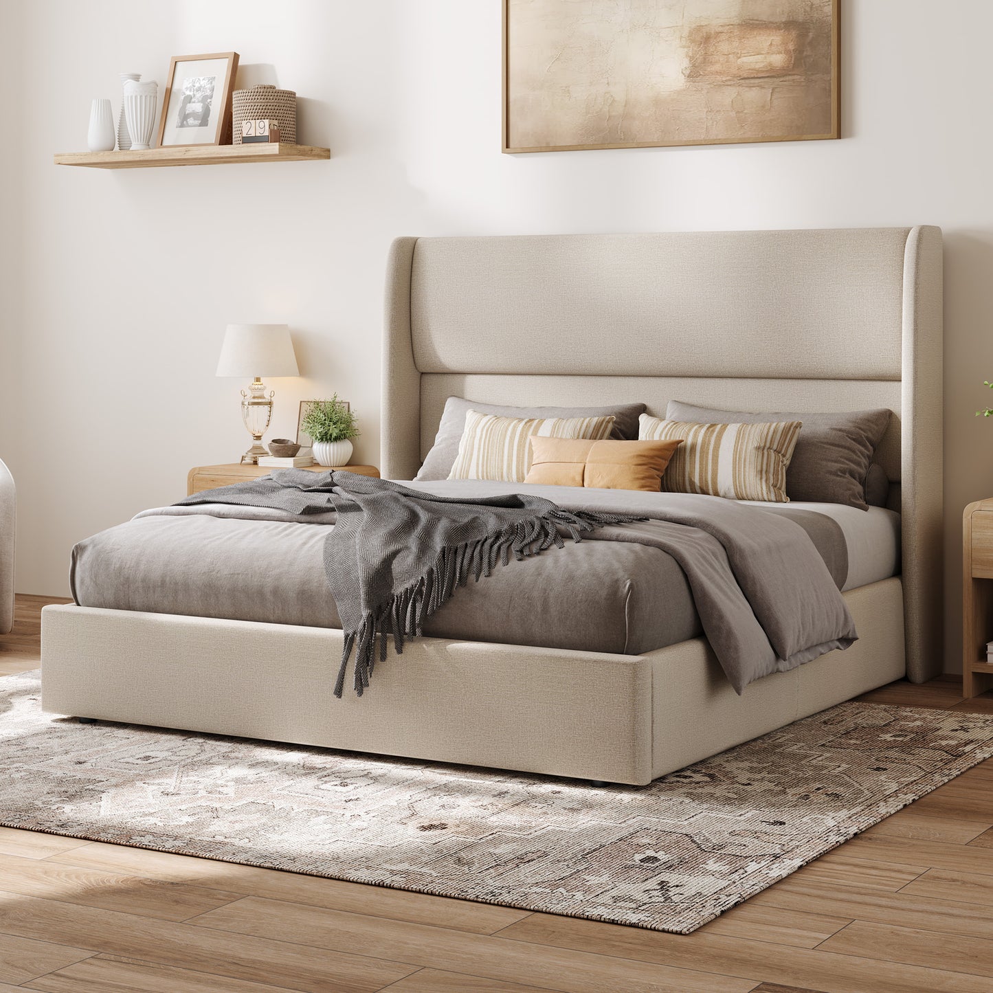 Haven Upholstered Hydraulic Storage Bed Frame-Queen-Khaki
