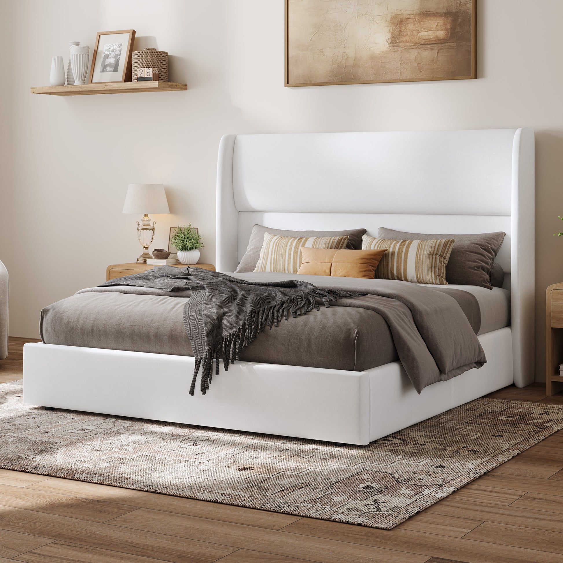 Haven Upholstered Hydraulic Storage Bed Frame-King-White