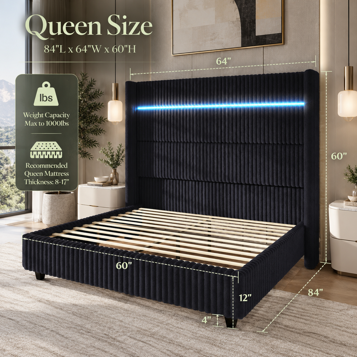 Warren Upholstered Bed Frame with LED Lights-Queen-Black