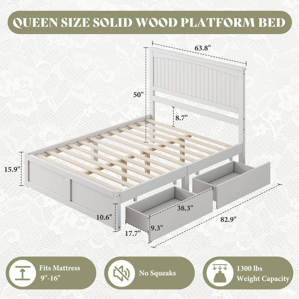 Solid Wood Platform Bed Frame-Queen-Coastal White