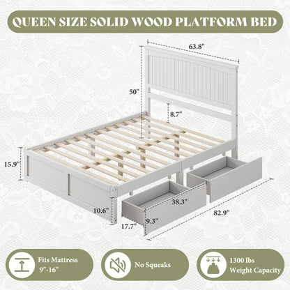 Solid Wood Platform Bed Frame-Queen-Coastal White