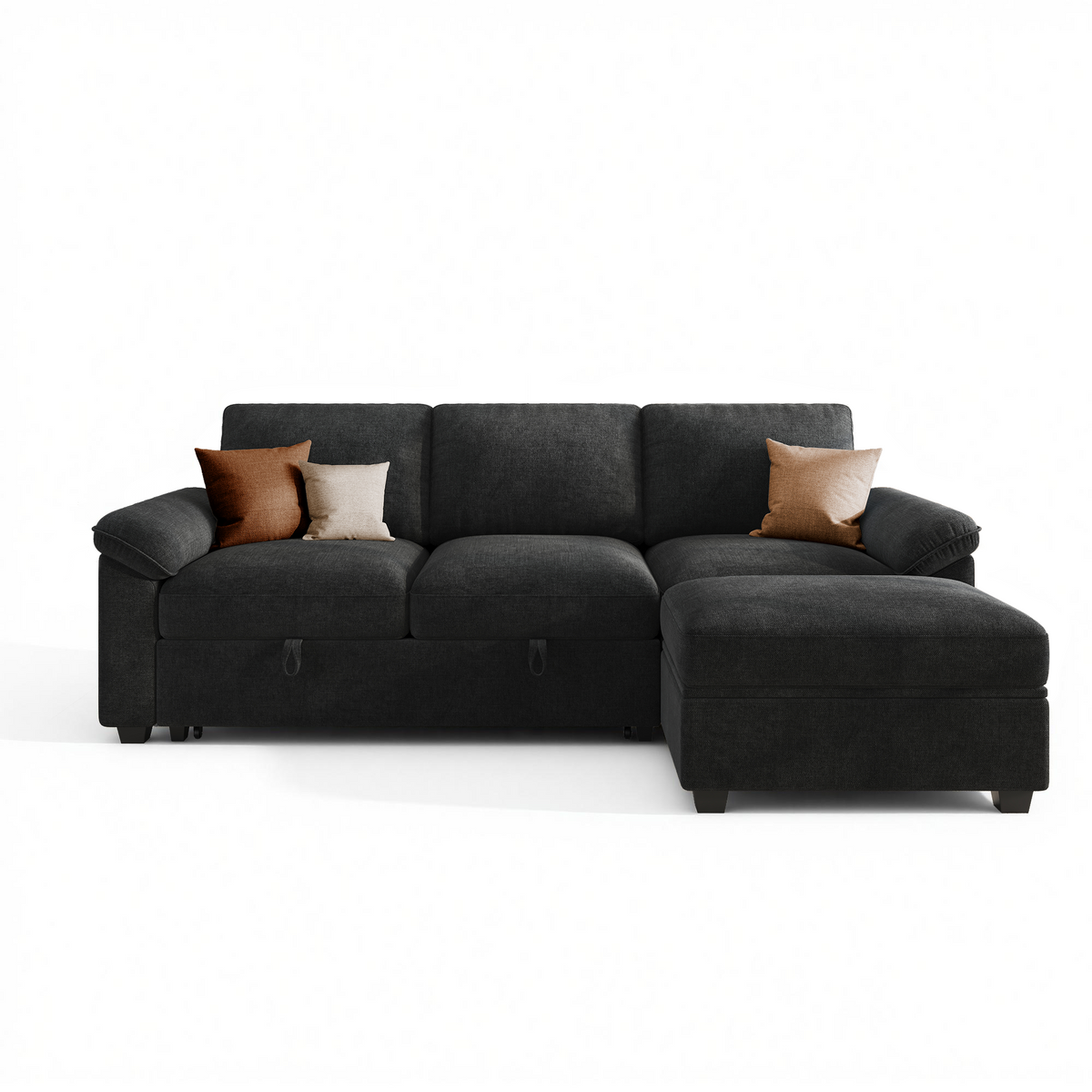 Sleeper Sectional Sofa with Pull Out Bed & Storage-81" | 3-Seater | Fixed backrest-Black