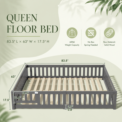 Solid Wood Kids Floor Bed with Safety Rails