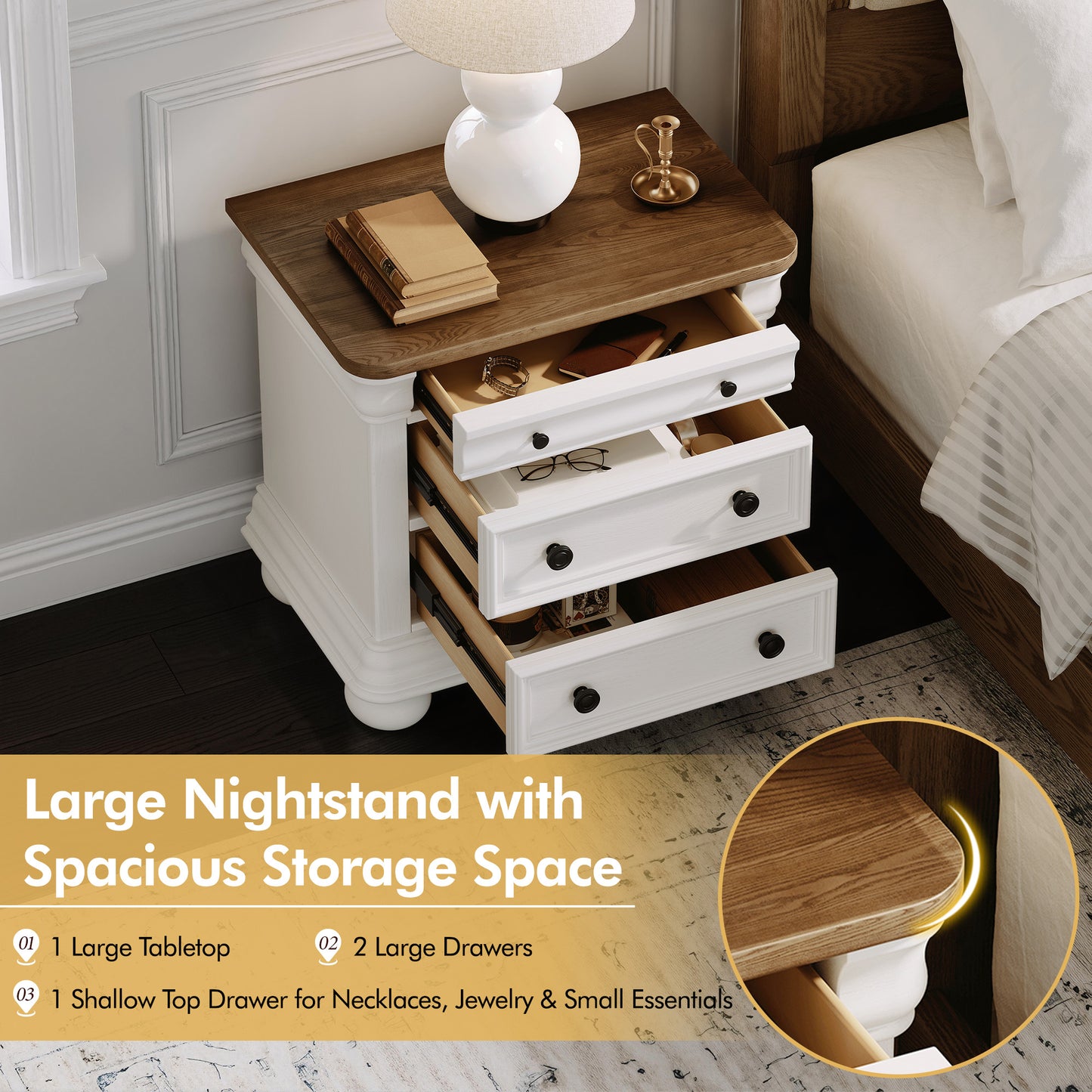 Bun Fully Assembly Wood Nightstand Amerlife White ＆Brown / 26" W