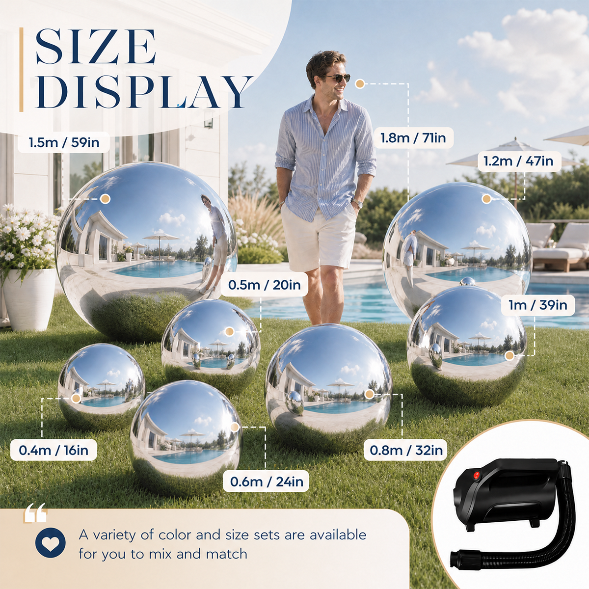 Vibe Reusable Inflatable Mirror Balls for Disco Parties & Events-6PCS-19.7"*2+23.6"+31.5"+47.2"+59.1"-Silver