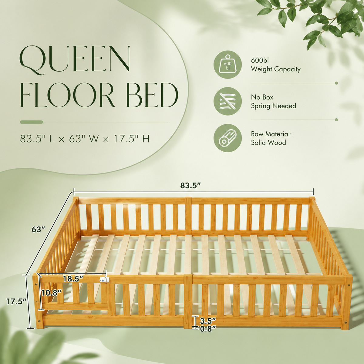 Solid Wood Kids Floor Bed with Safety Rails
