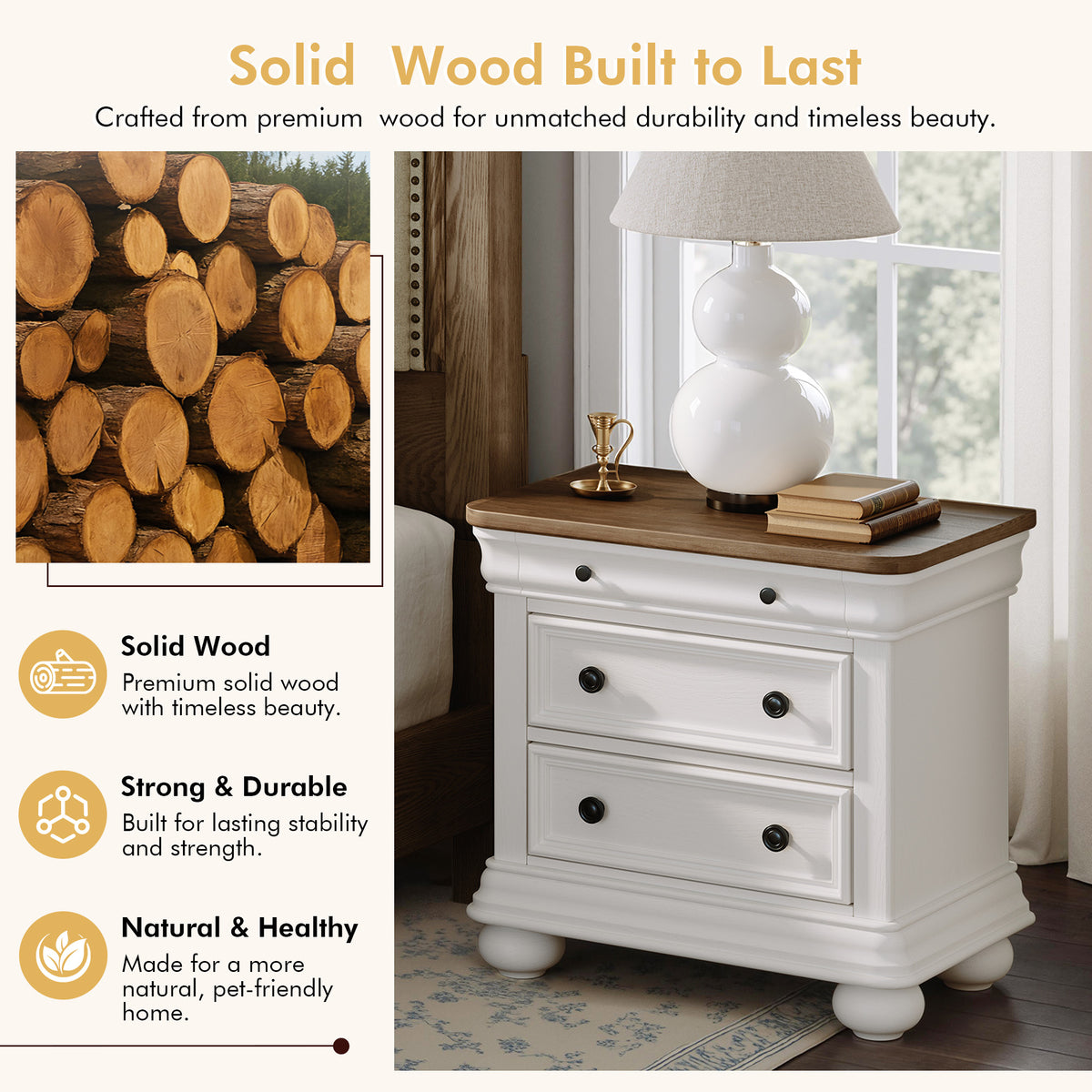 Bun Fully Assembly Wood Nightstand-26"-2PC-White Brown