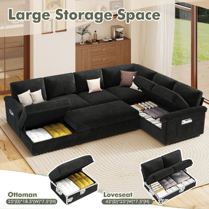 Sleeper Sectional Sofa with Pull Out Bed & Storage-105" | 7-Seater | Fixed backrest-Black