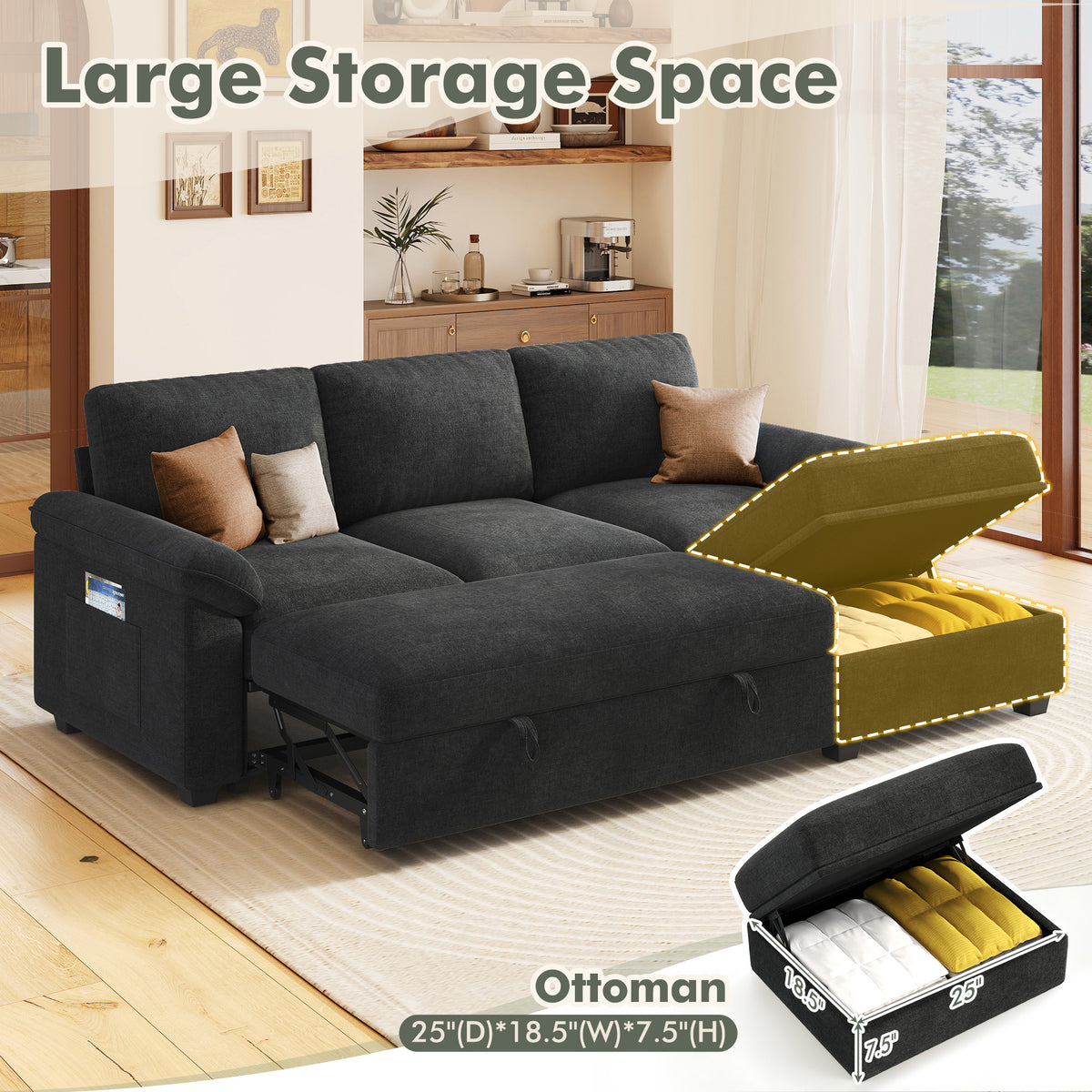 Sleeper Sectional Sofa with Pull Out Bed & Storage-81" | 3-Seater | Fixed backrest-Black
