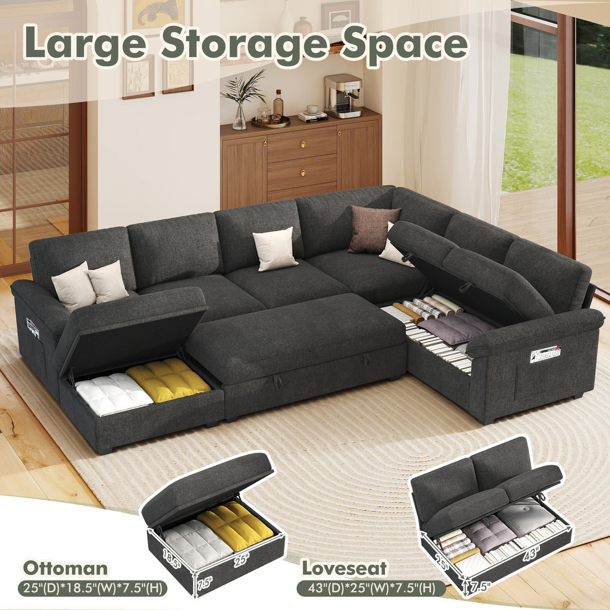 Sleeper Sectional Sofa with Pull Out Bed & Storage-105" | 7-Seater | Fixed backrest-Gray