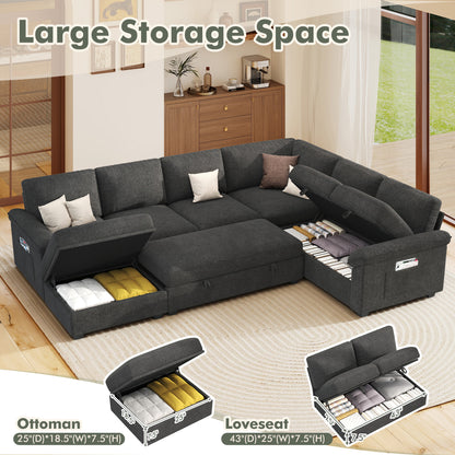 Sleeper Sectional Sofa with Pull Out Bed & Storage-105" | 7-Seater | Fixed backrest-Gray
