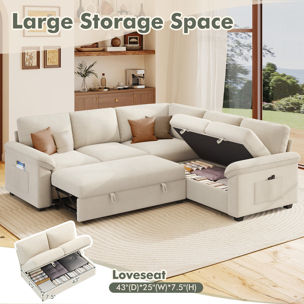 Sleeper Sectional Sofa with Pull Out Bed & Storage-81" | 5-Seater | Fixed backrest-Beige