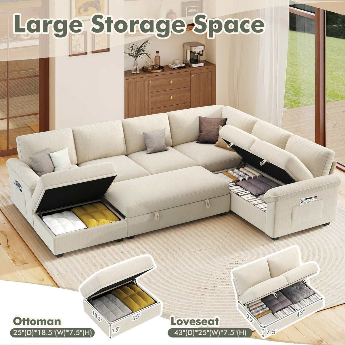 Sleeper Sectional Sofa with Pull Out Bed & Storage-105" | 7-Seater | Fixed backrest-Beige