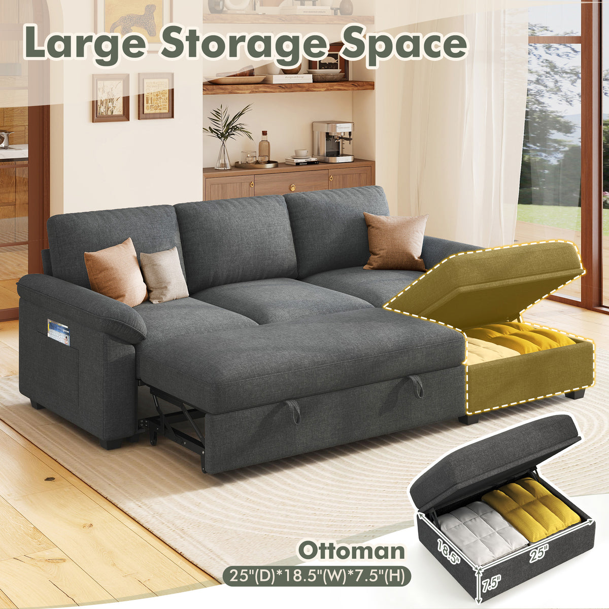 Sleeper Sectional Sofa with Pull Out Bed & Storage-81" | 3-Seater | Fixed backrest-Gray