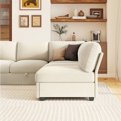 Sleeper Sectional Sofa with Pull Out Bed & Storage-105" | 7-Seater | Fixed backrest-Beige