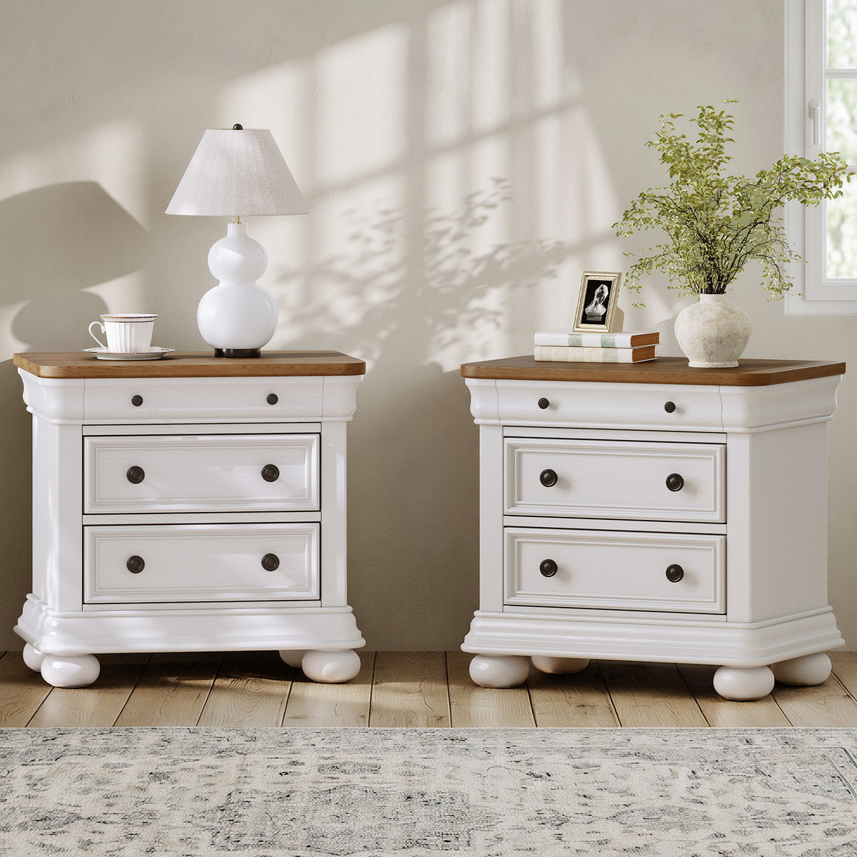 Bun Fully Assembly Wood Nightstand-26"-2PC-White Brown