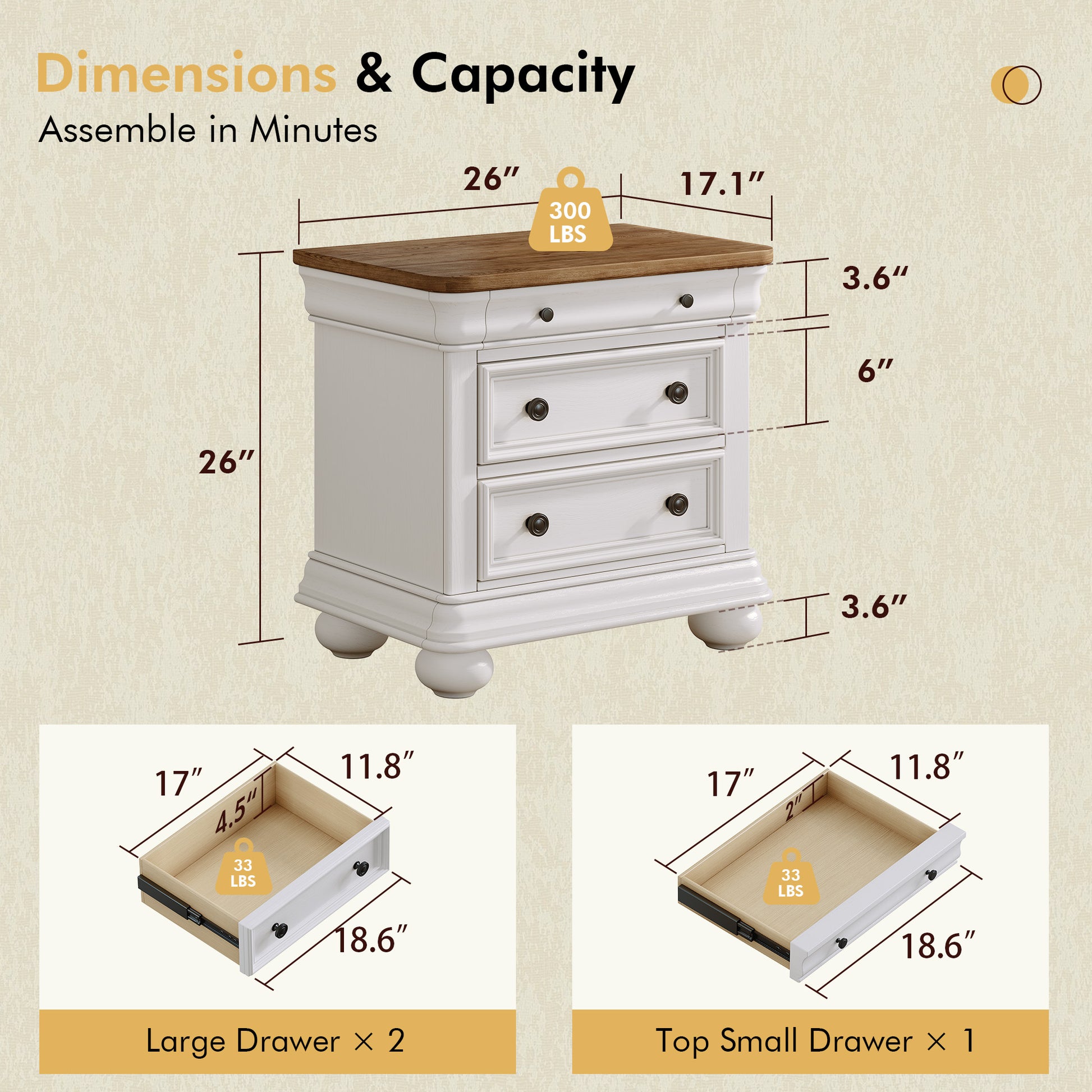 Bun Fully Assembly Wood Nightstand Amerlife White ＆Brown / 26" W