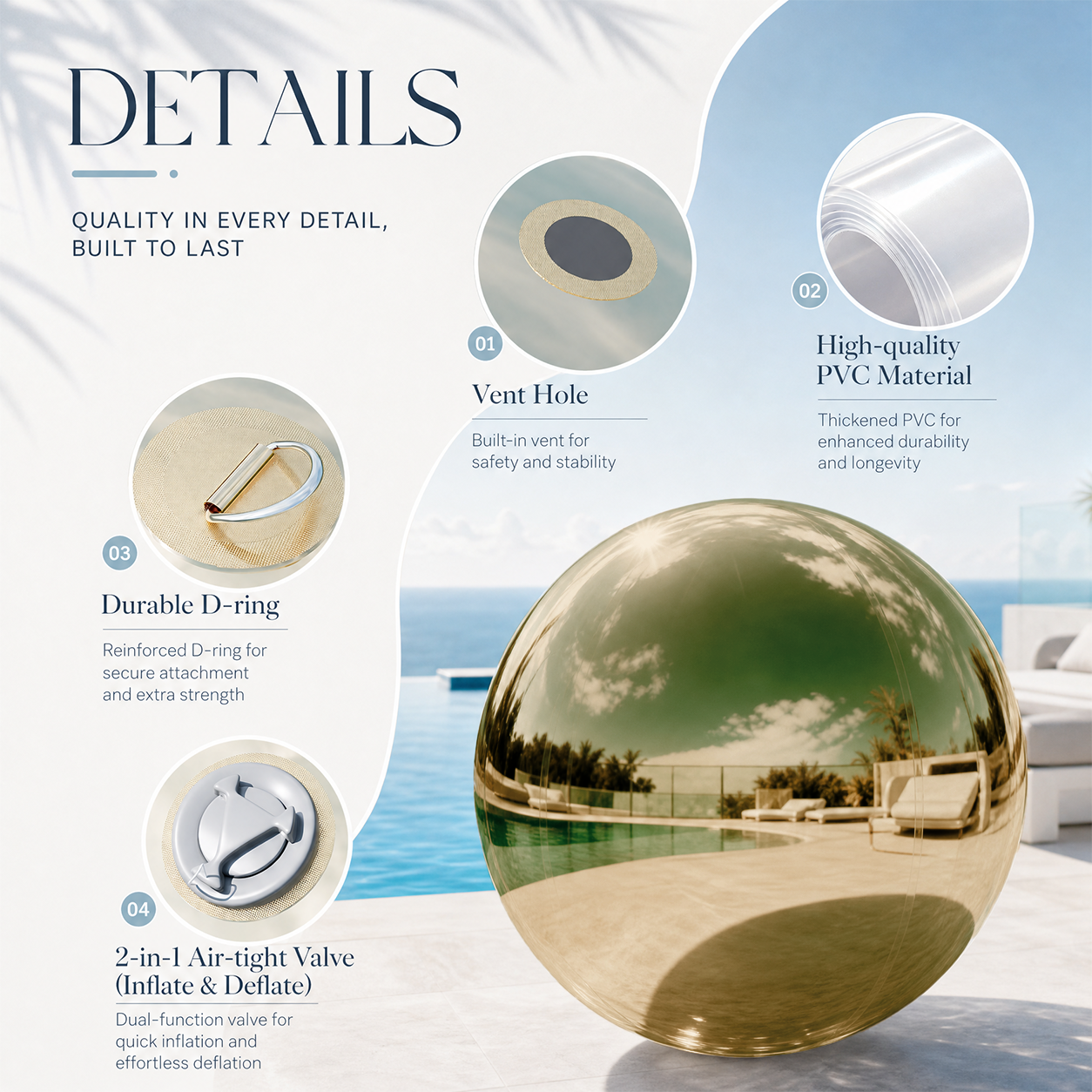 Vibe Reusable Inflatable Mirror Balls for Disco Parties & Events-3PCS-15.7"+23.6"+31.5"-Gold
