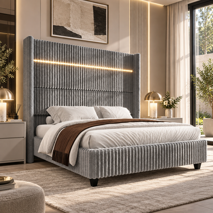 Warren Upholstered Bed Frame with LED Lights-Queen-Grey