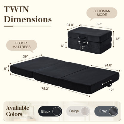 Fold 6-Inch Tri-Fold Folding Mattress-Twin-Black