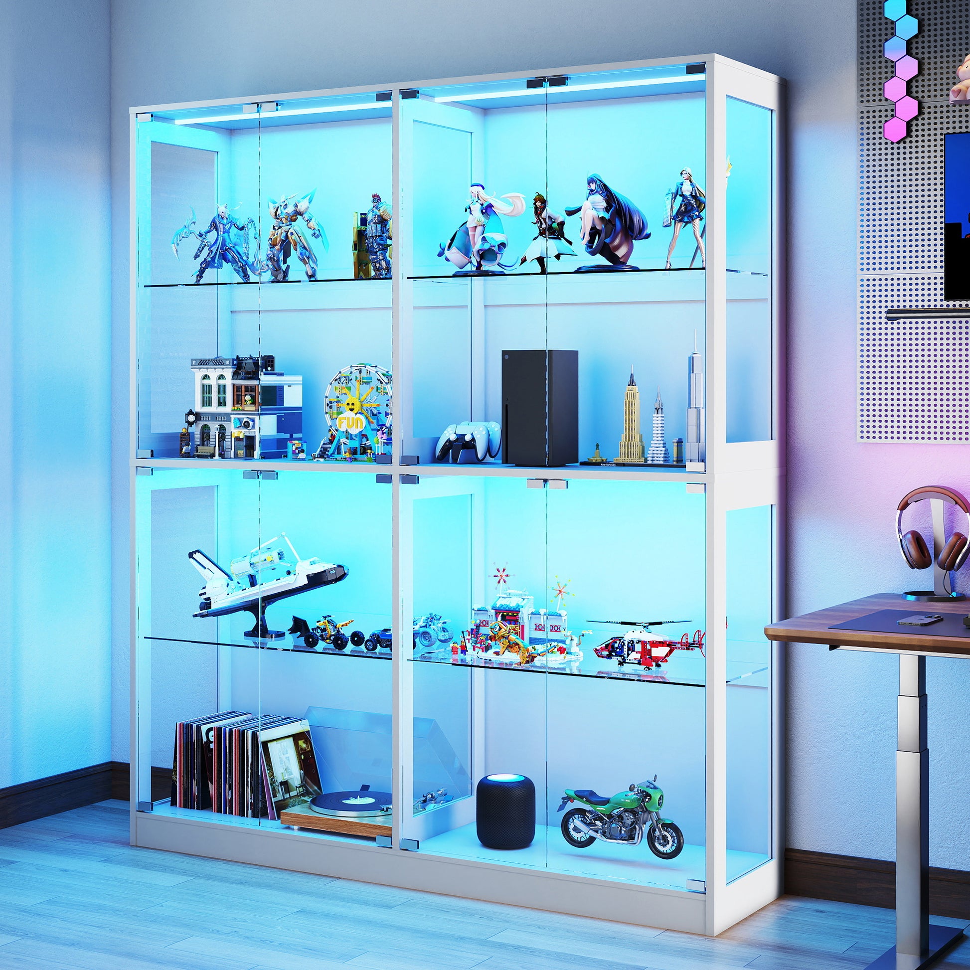 RGB Display Cabinet with Adjustable Glass Shelves Amerlife White / 60x16x70in