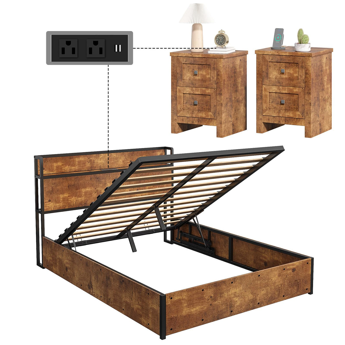 Scribe Storage Bed & 2 Nightstands 3-Piece Set Queen Rustic Brown
