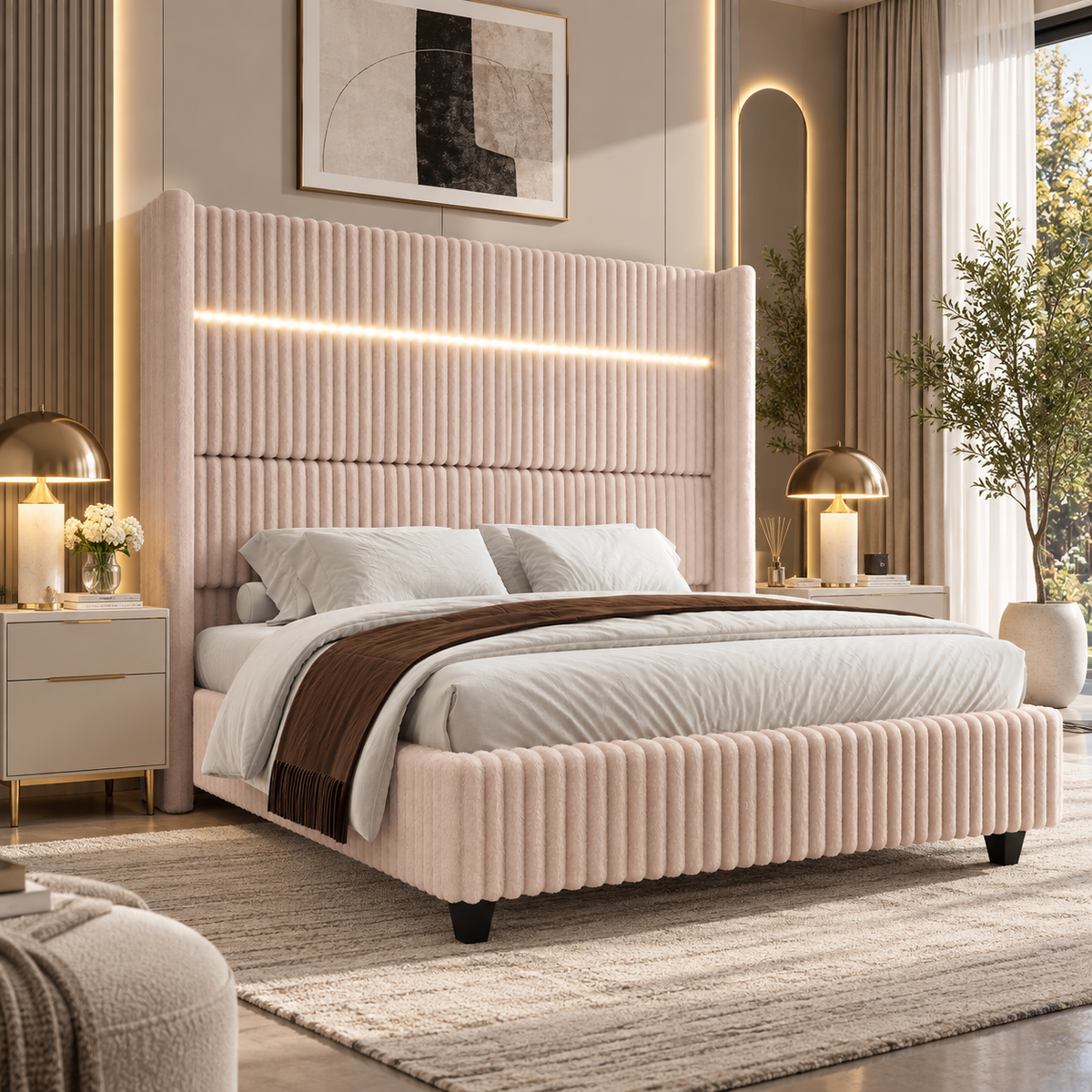 Warren Upholstered Bed Frame with LED Lights-Queen-Beige