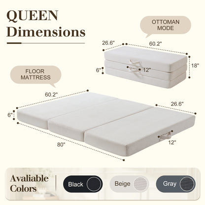 Fold 6-Inch Tri-Fold Folding Mattress-Queen-Beige