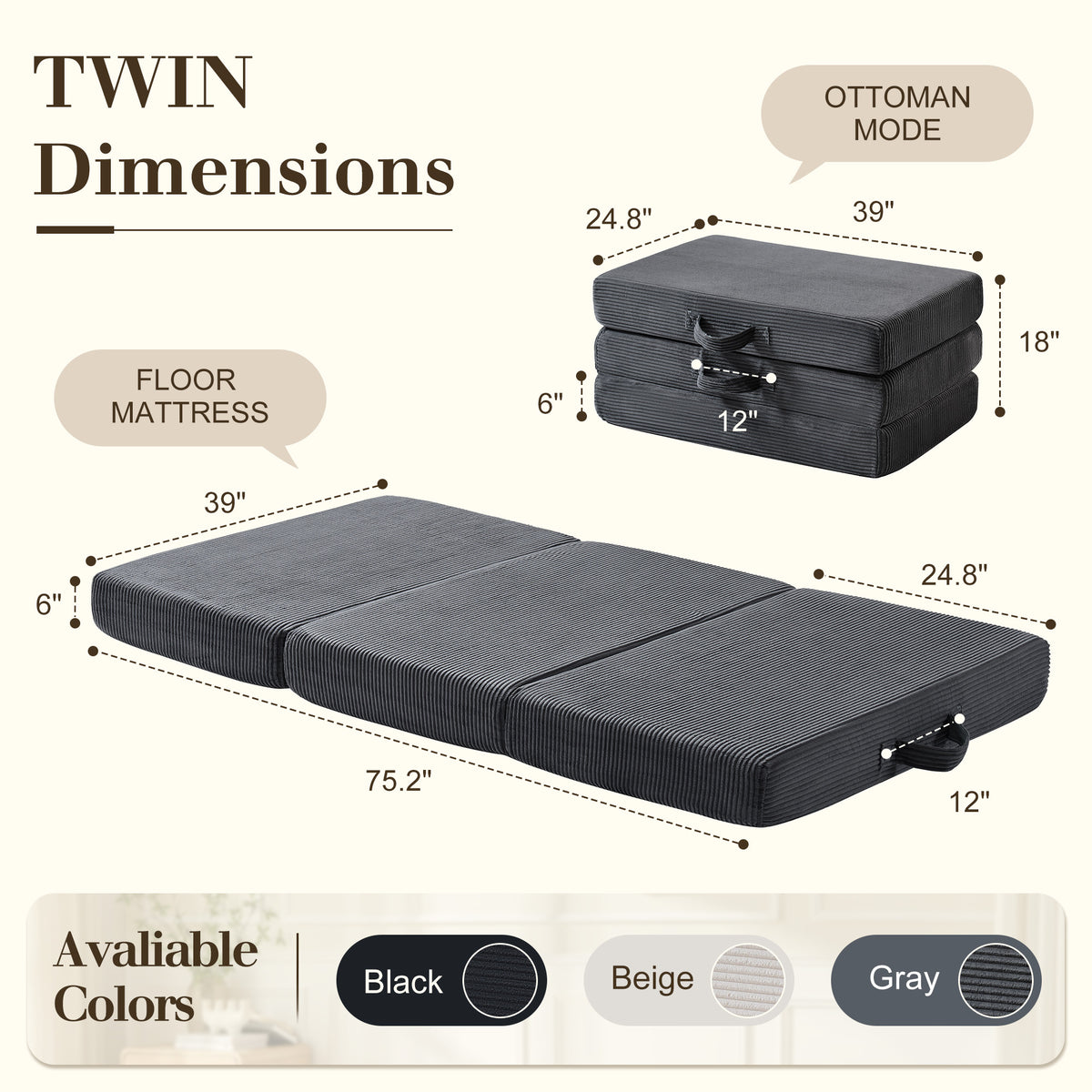 Fold 6-Inch Tri-Fold Folding Mattress-Twin-Grey