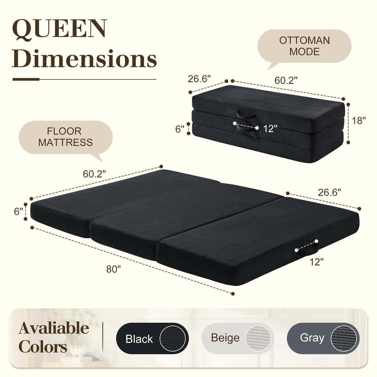 Fold 6-Inch Tri-Fold Folding Mattress-Queen-Black