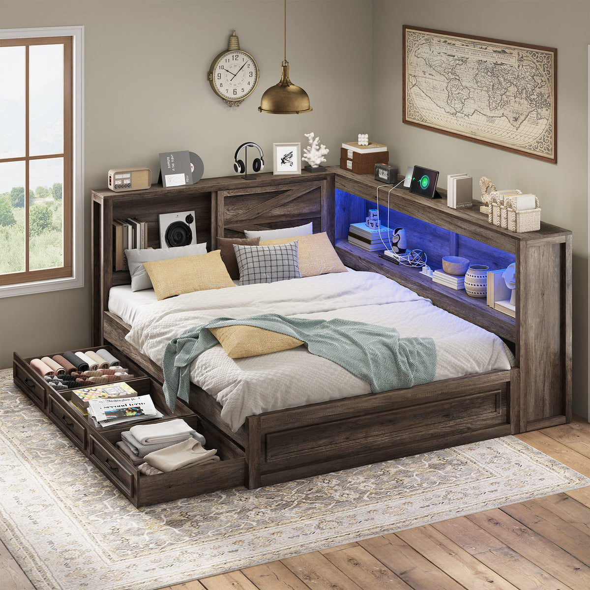 Slide Farmhouse Corner Bed Frame Amerlife Rustic Gray / Full