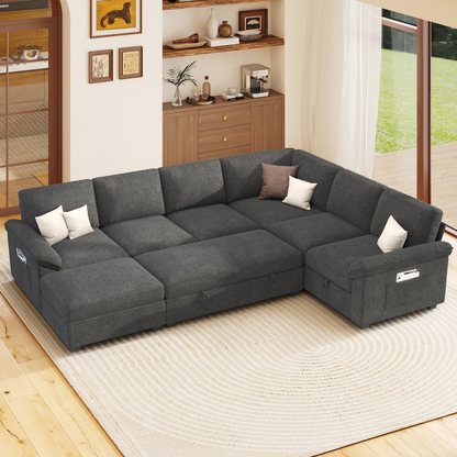 Sleeper Sectional Sofa with Pull Out Bed & Storage-105" | 7-Seater-Gray