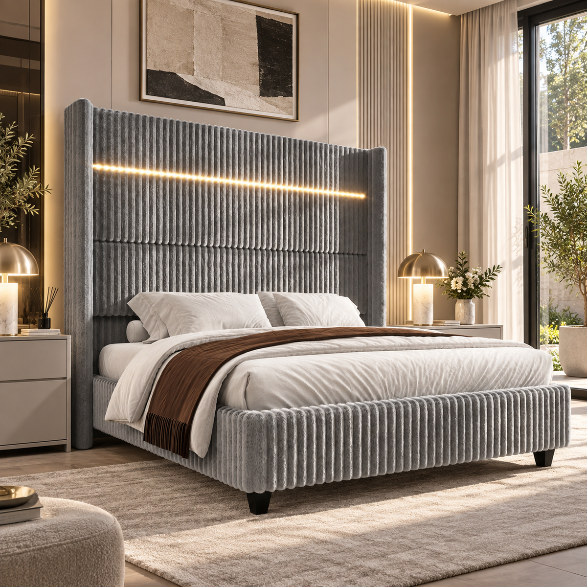 Warren Upholstered Bed Frame with LED Lights-California King-Grey