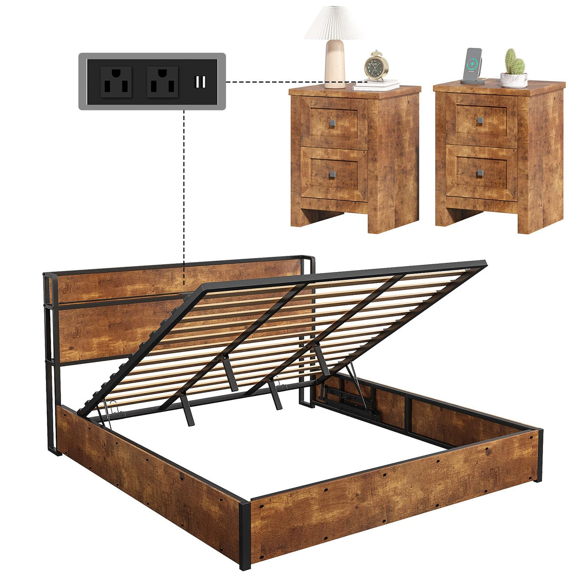 Scribe Storage Bed & 2 Nightstands 3-Piece Set King Rustic Brown