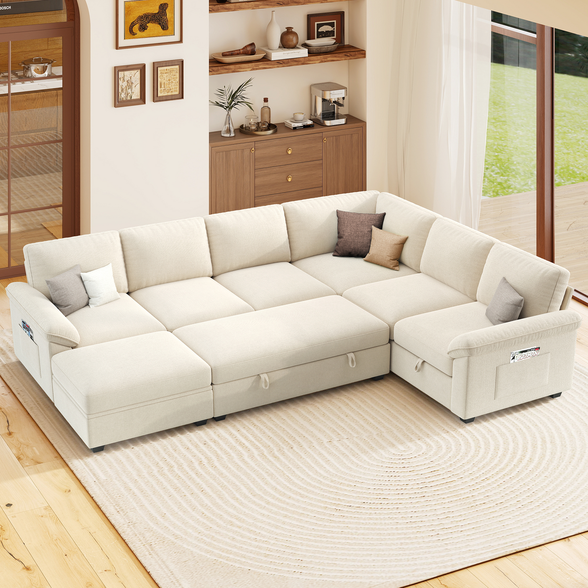 Sleeper Sectional Sofa with Pull Out Bed & Storage-105" | 7-Seater-Beige
