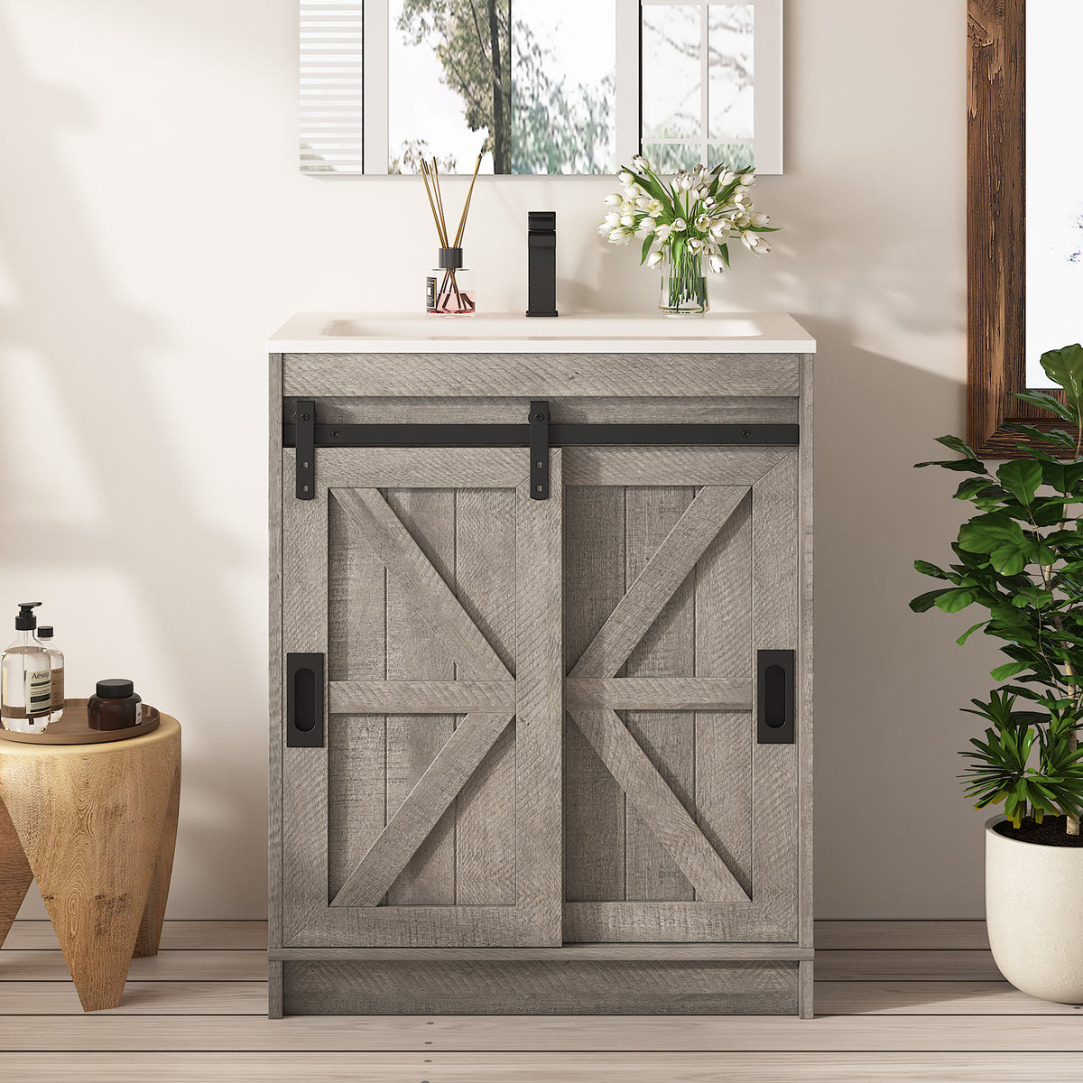 Bourbon Sliding Barn Vanity 24 inch Light Grey