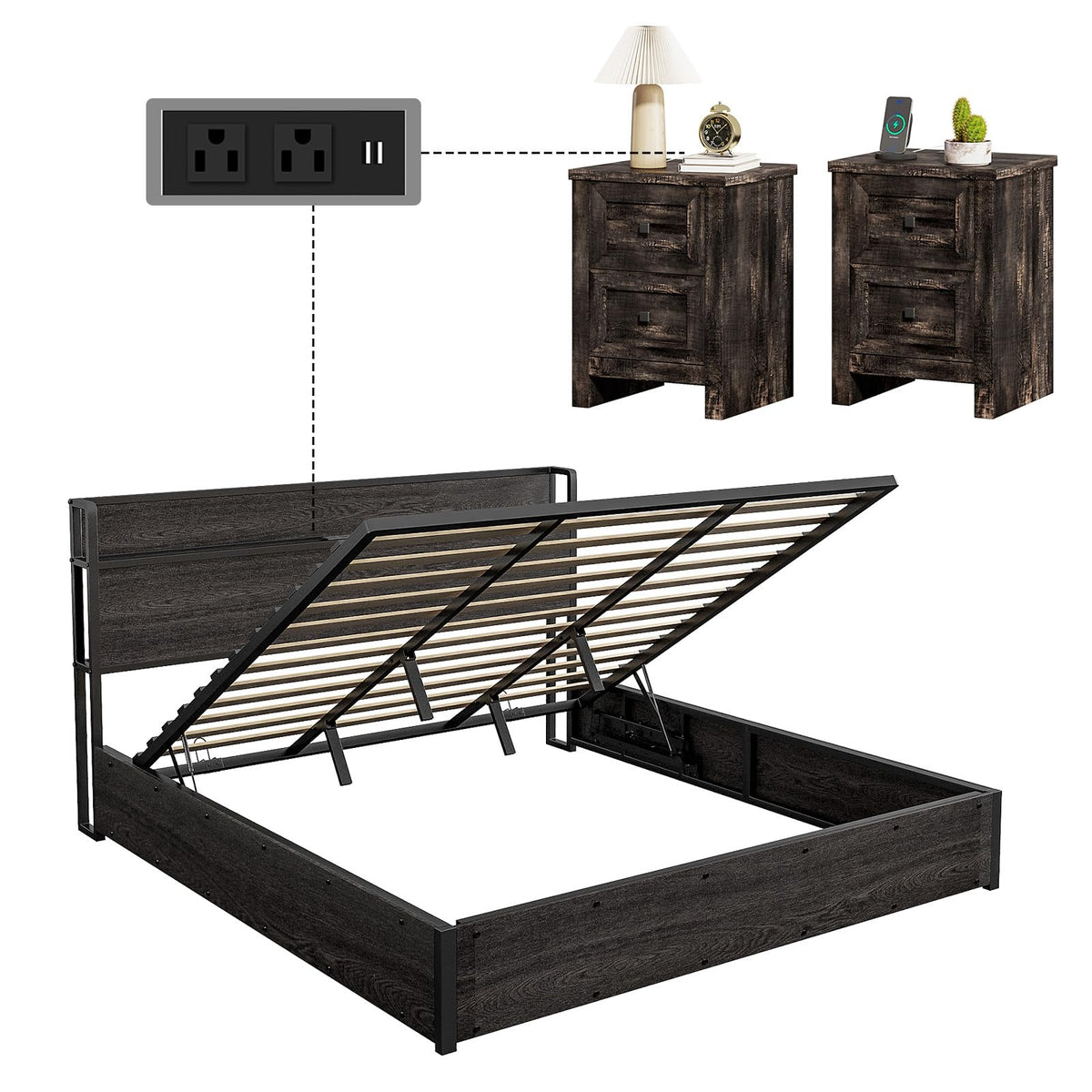 Scribe Storage Bed & 2 Nightstands 3-Piece Set King Black