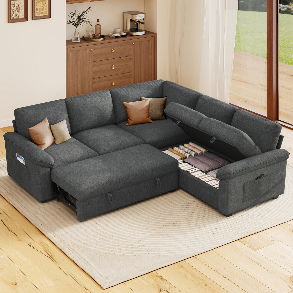 Sleeper Sectional Sofa with Pull Out Bed & Storage-81" | 5-Seater | Fixed backrest-Gray