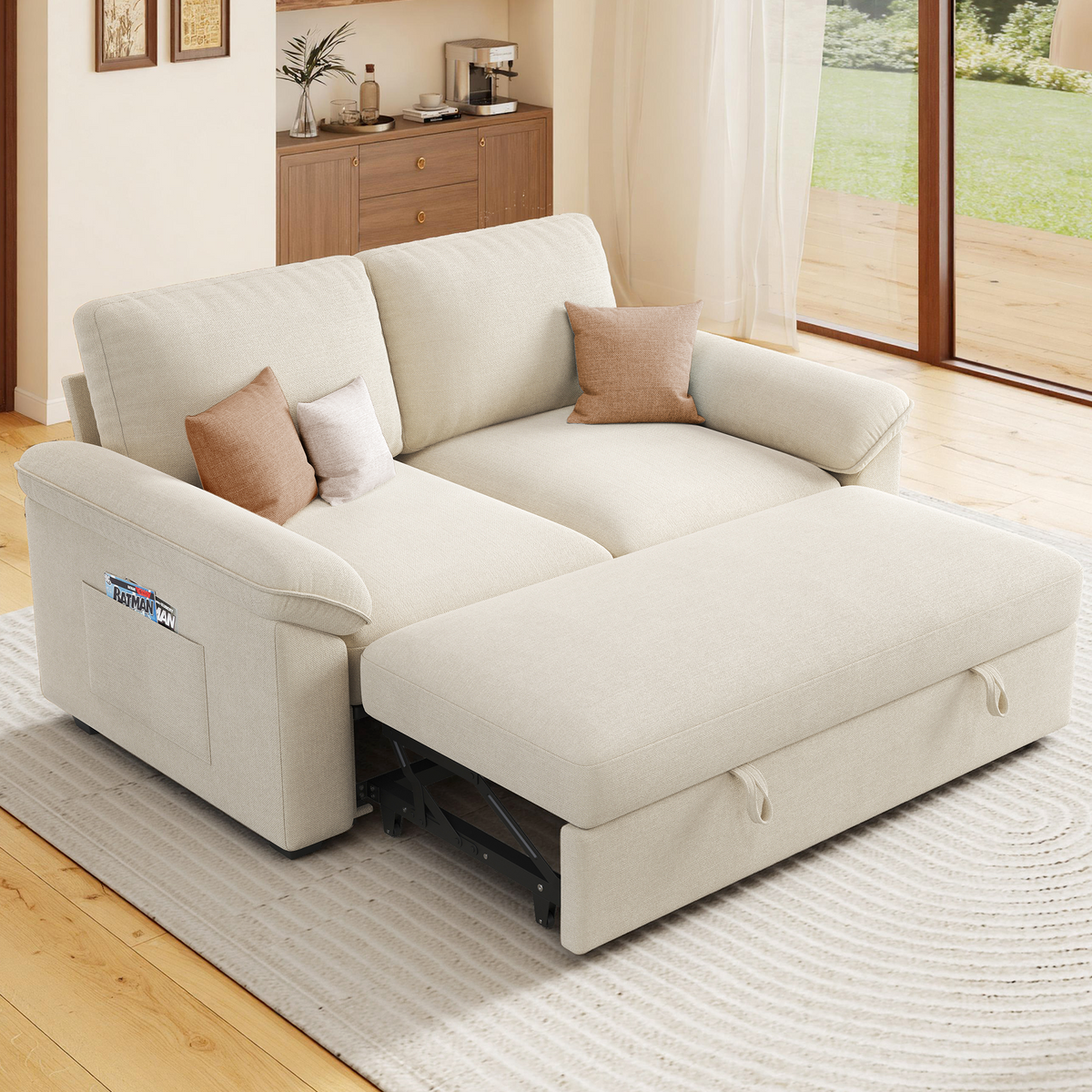 Sleeper Sectional Sofa with Pull Out Bed & Storage-56" | 2-Seater-Beige