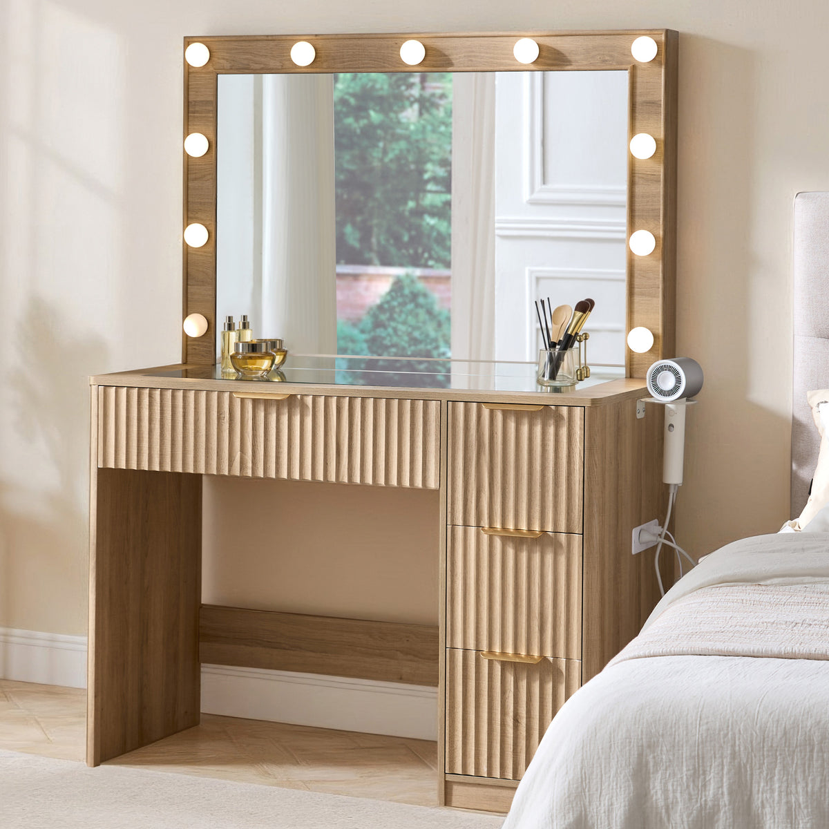 Glow 36.2" Fluted Vanity Desk Amerlife Natural Wood