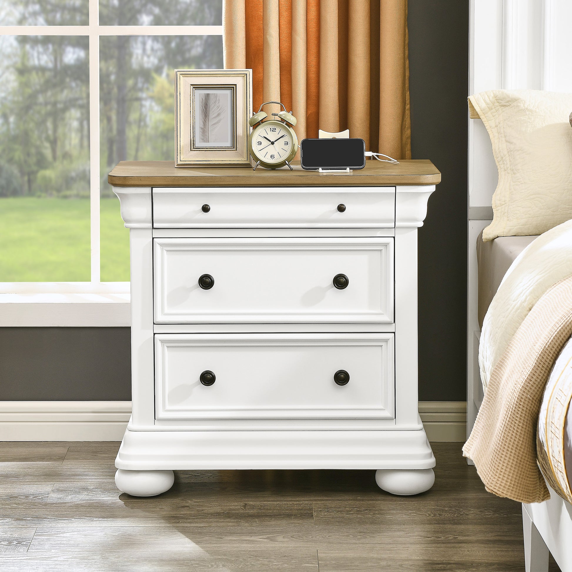 Bun Fully Assembly Wood Nightstand Amerlife White ＆Brown / 30" W
