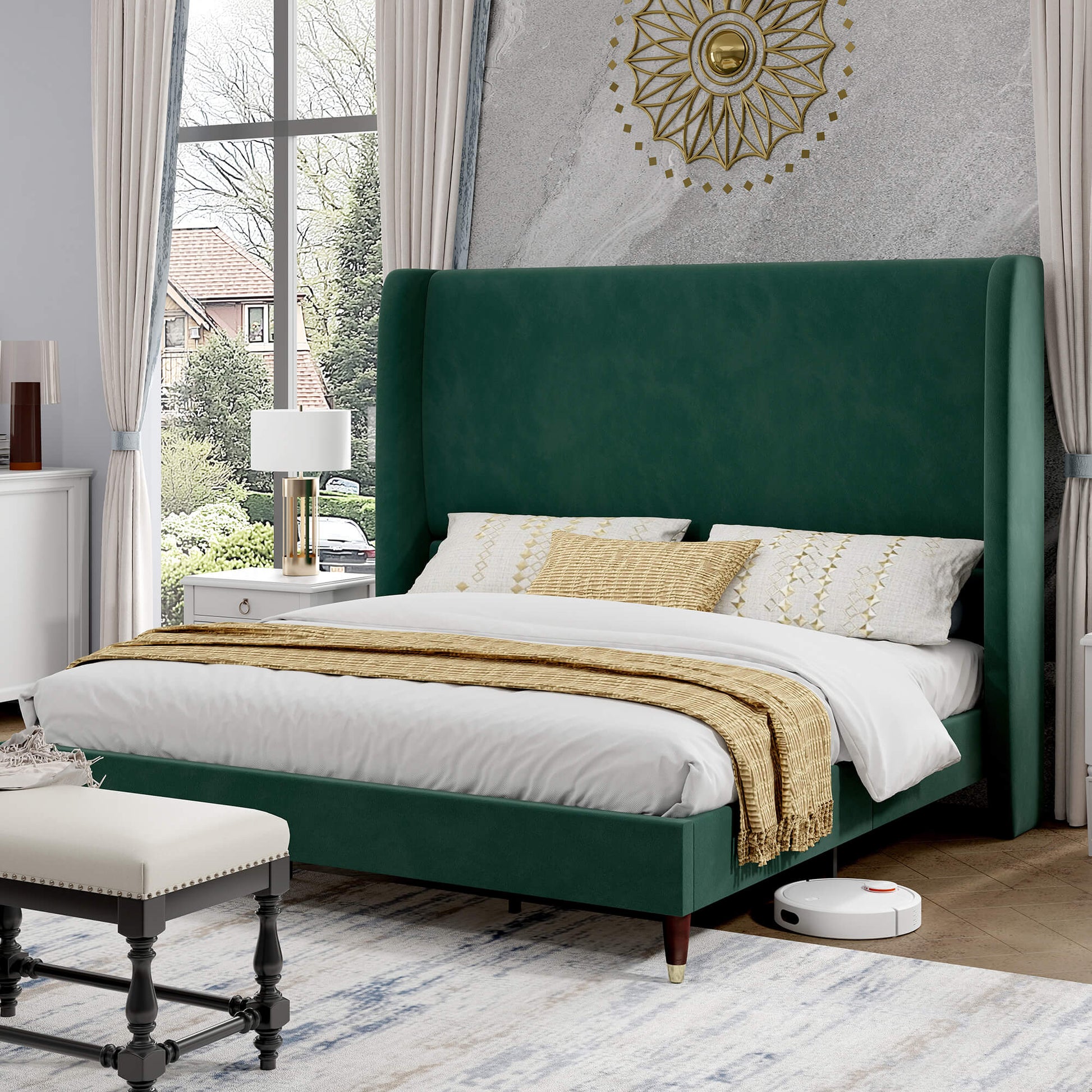 Lanner Bed Frame with Velvet Headboard Amerlife Green