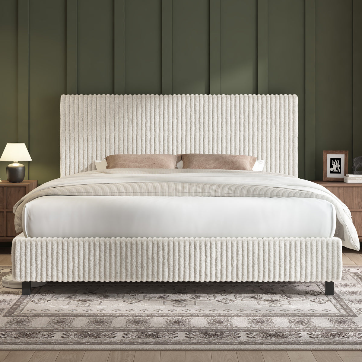 Velmure Corduroy Platform Bed Frame-King-Cream
