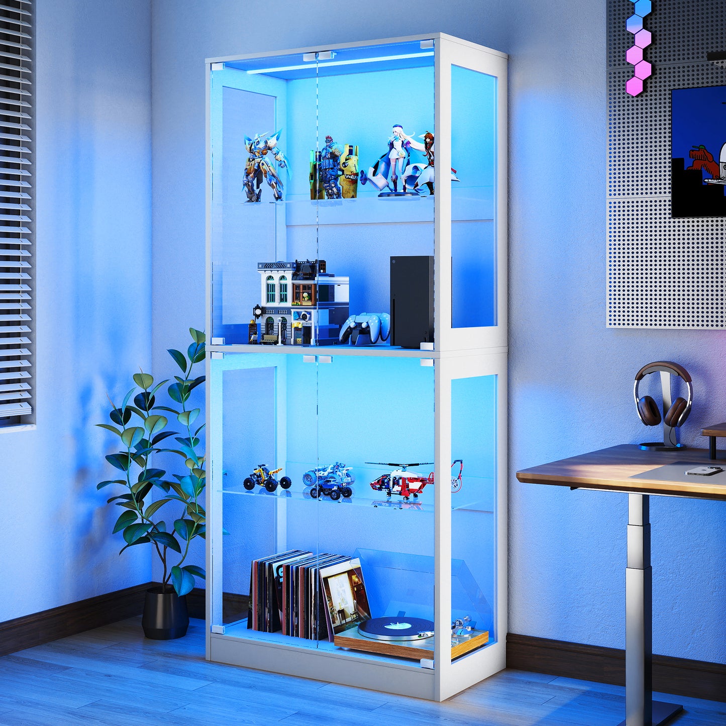 RGB Display Cabinet with Adjustable Glass Shelves Amerlife White / 32x16x70in
