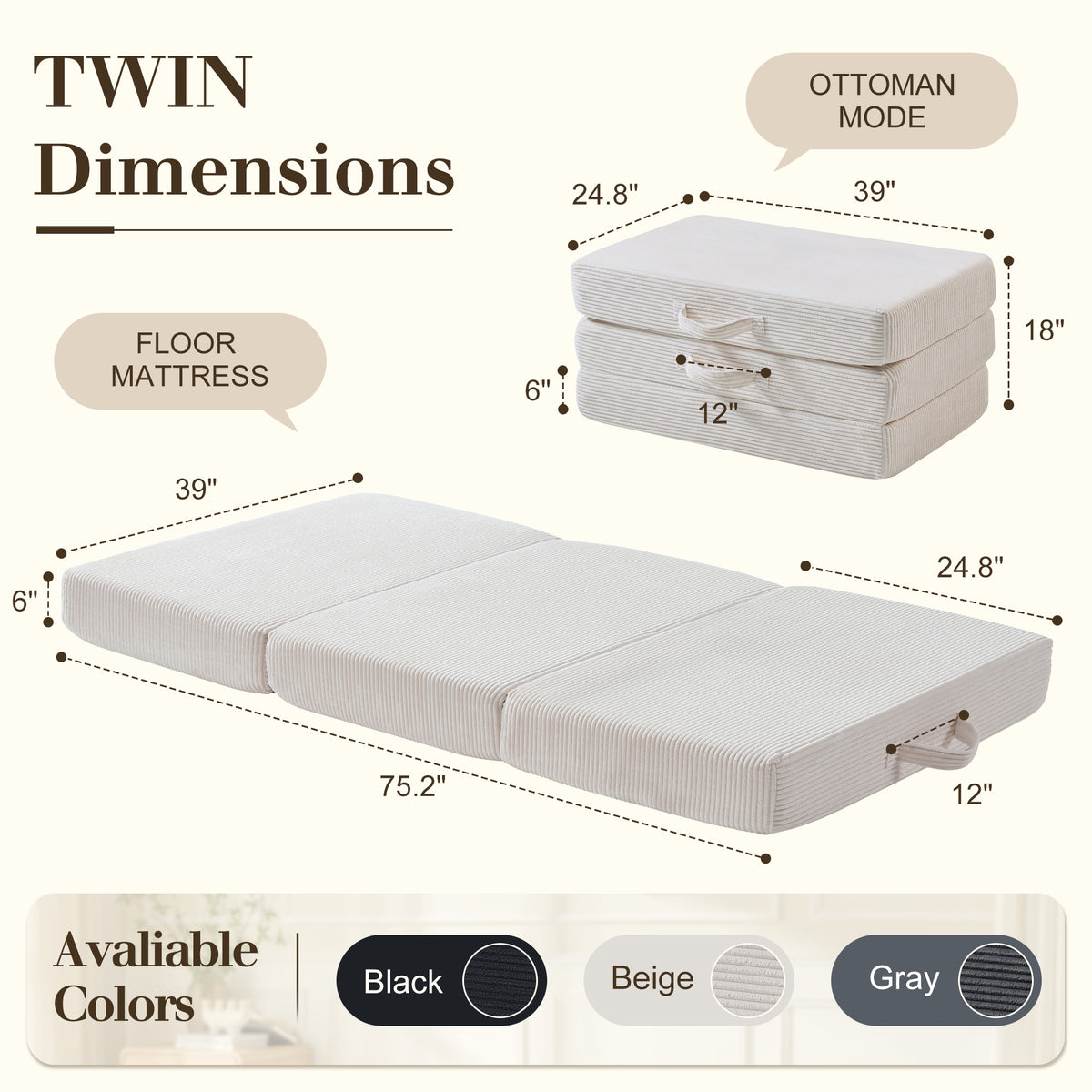 Fold 6-Inch Tri-Fold Folding Mattress-Twin-Beige